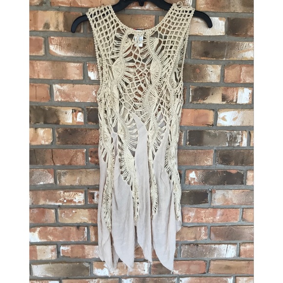 Vivid Importers of NY Women’s Tan Sleeveless Boho Crochet Swimsuit Coverup Small - Picture 2 of 5